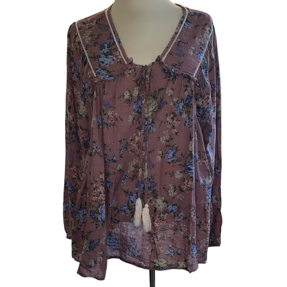 Easel blouse floral print loose fit long sleeve peasant boho look size large
